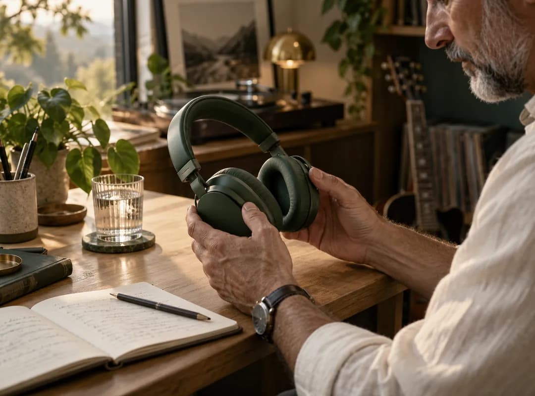 A listener with headphones reviewing a recording at a desk