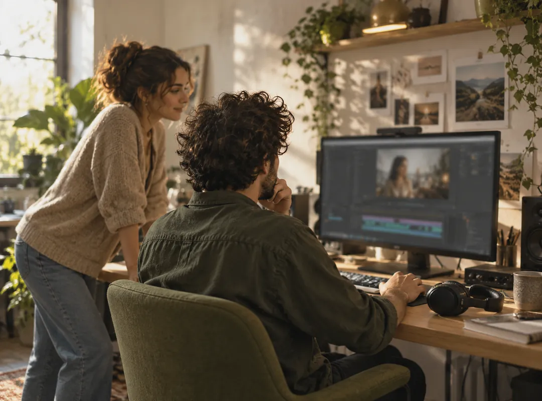 Two creators reviewing a spoken recording in a sunlit editing studio