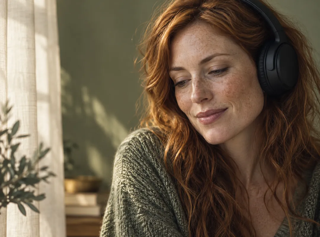 A thoughtful listener with headphones in soft window light