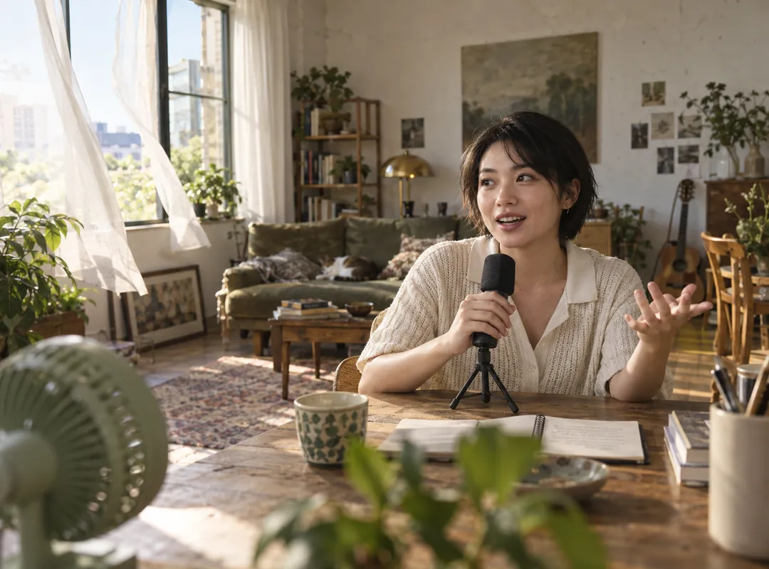 A speaker recording a story in a bright room with a desk fan in the foreground