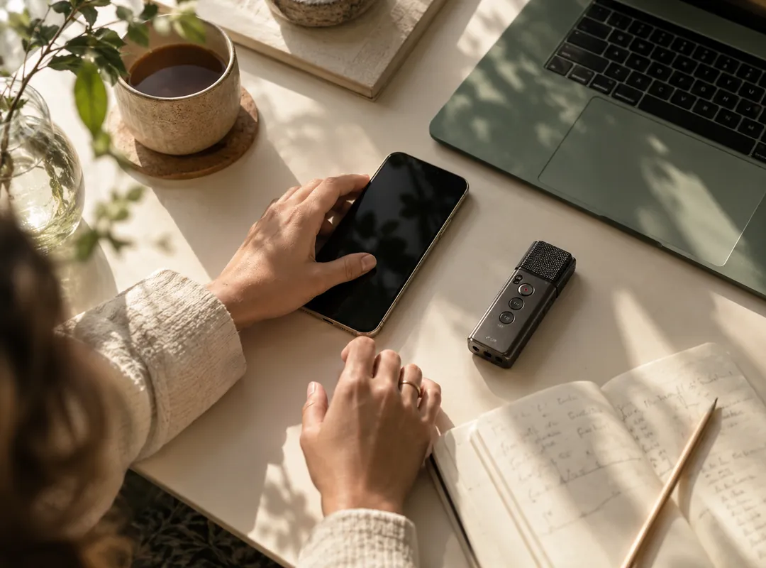 Hands placing a phone recording beside a laptop and compact recorder
