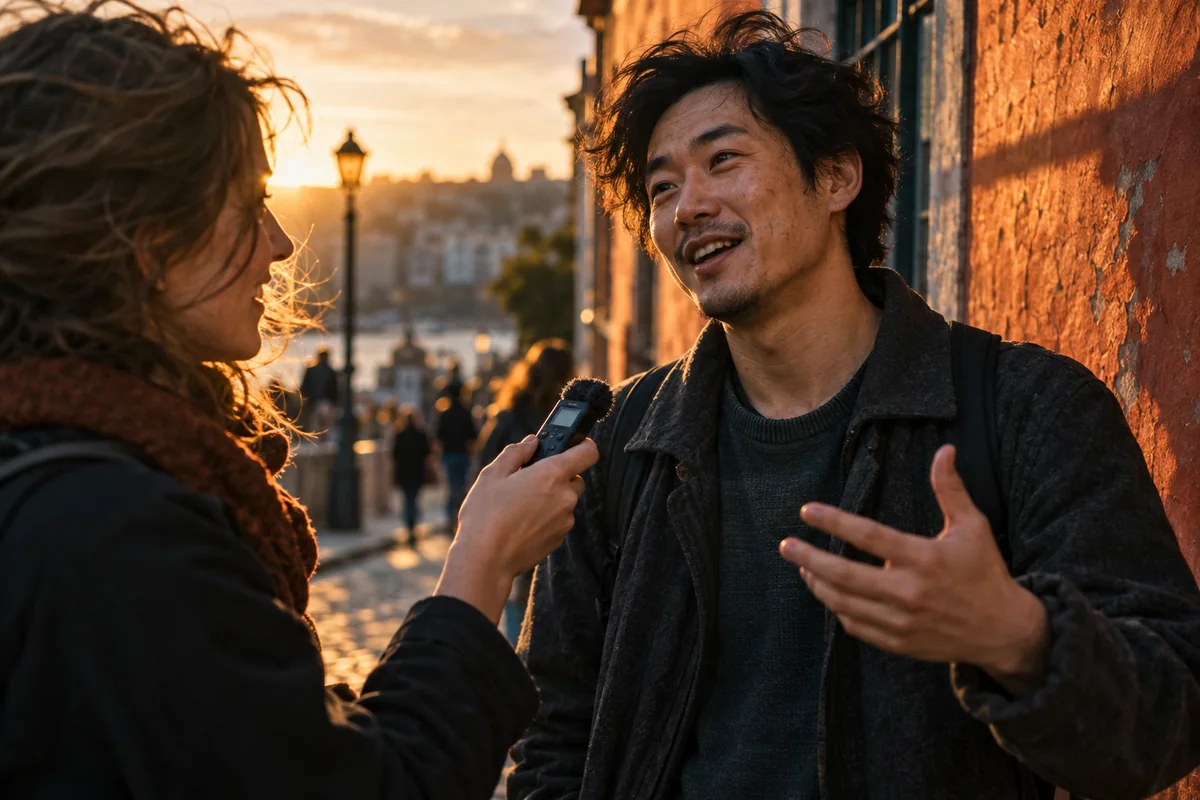 An expressive speaker telling a story during a warm, sunlit street interview
