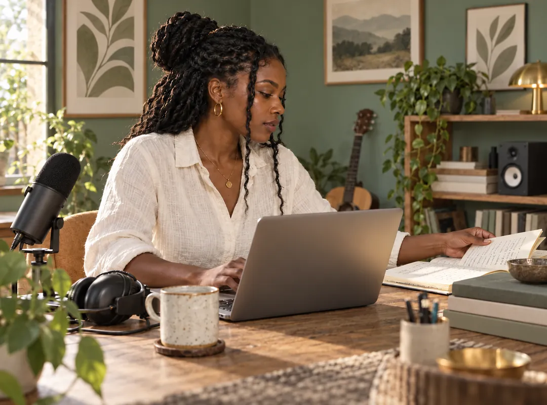 A creator working with recording notes and a laptop in a sunlit studio