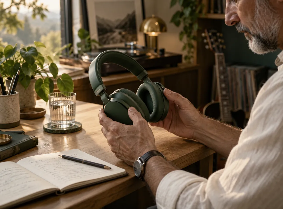 A listener picking up headphones beside handwritten recording notes