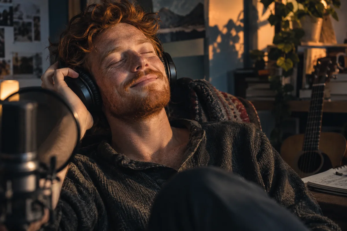 A storyteller closing his eyes and smiling while listening to a completed recording