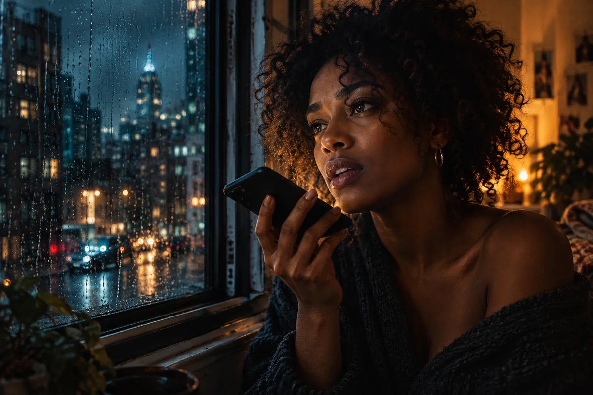 A creator recording a thoughtful voice note beside a rain-lit window at night