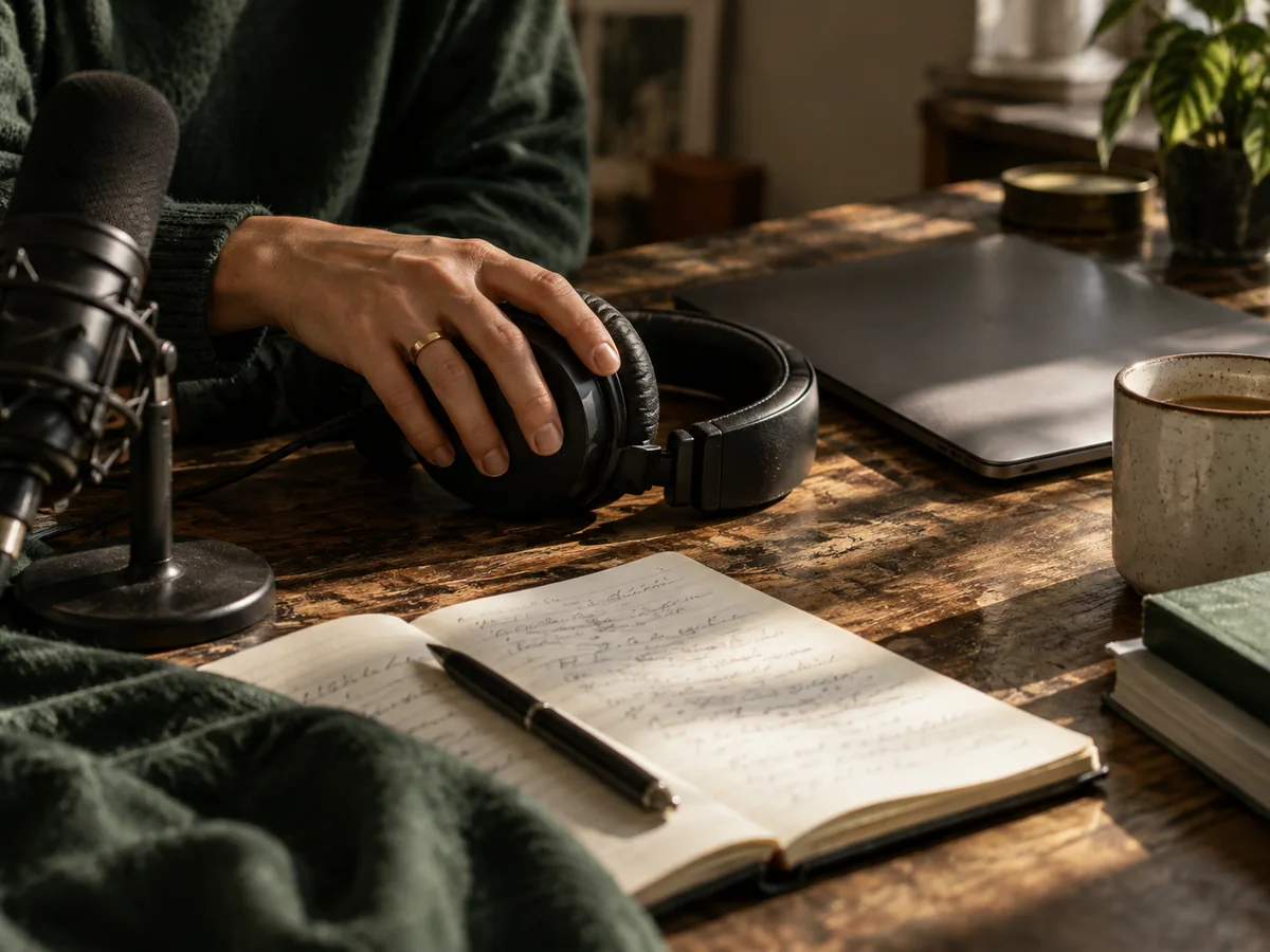 Headphones, a microphone, a laptop and interview notes on a sunlit editing desk