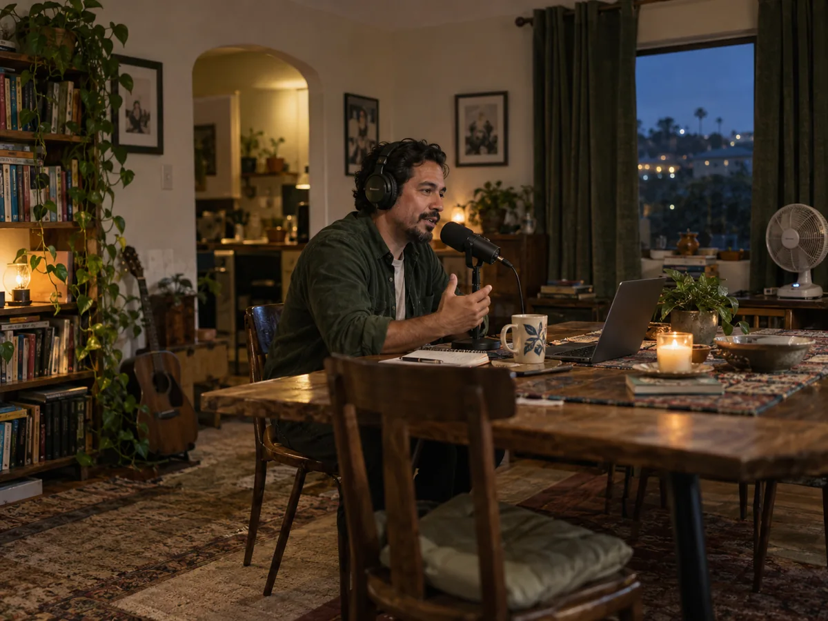 A podcast host recording a thoughtful story at a table in a warmly lit home