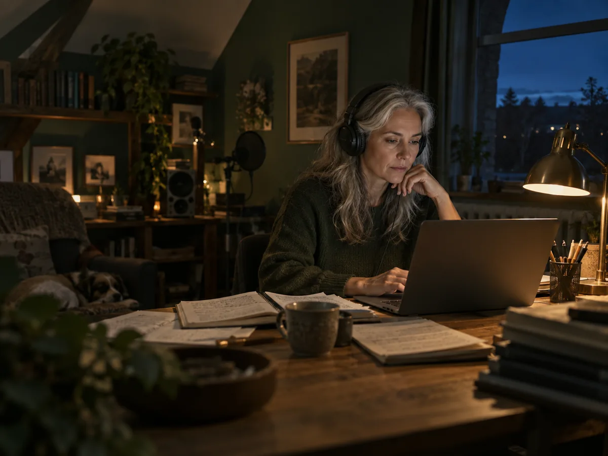 A podcast editor listening to a long interview in an attic workspace at night