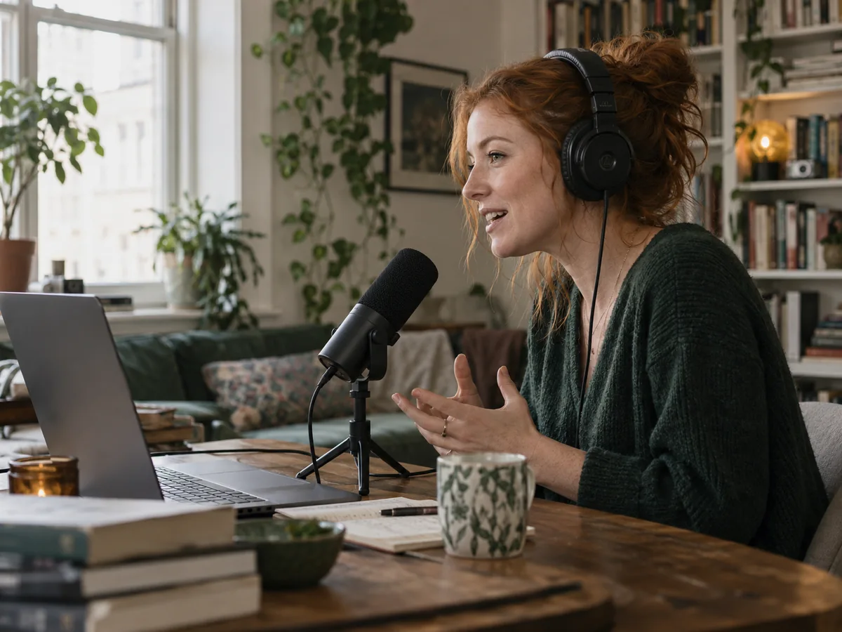 A remote podcast guest wearing headphones and speaking into a microphone beside her laptop