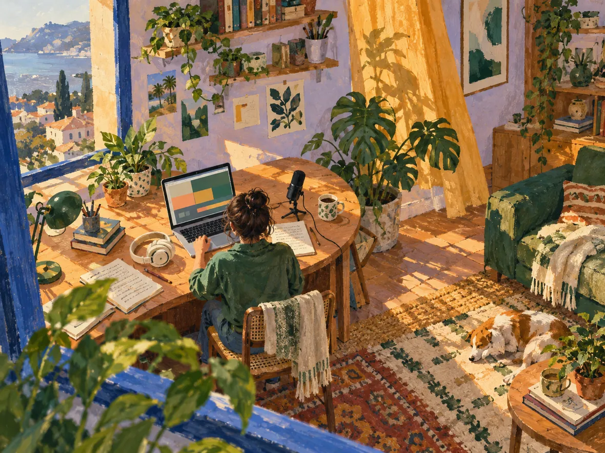 A gouache illustration of a creator editing narration in a sunlit home studio