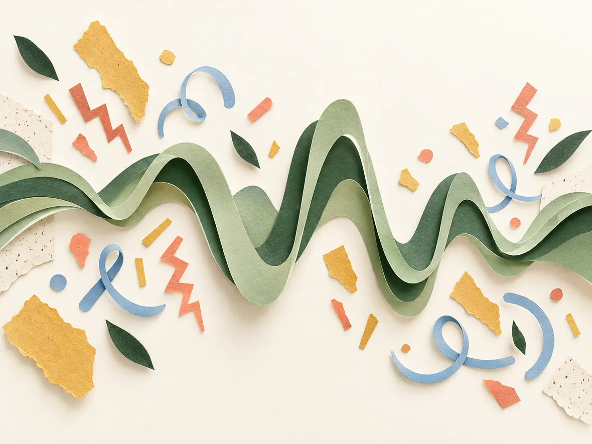 A layered paper sound wave surrounded by small colorful shapes, illustrating speech amid everyday noise