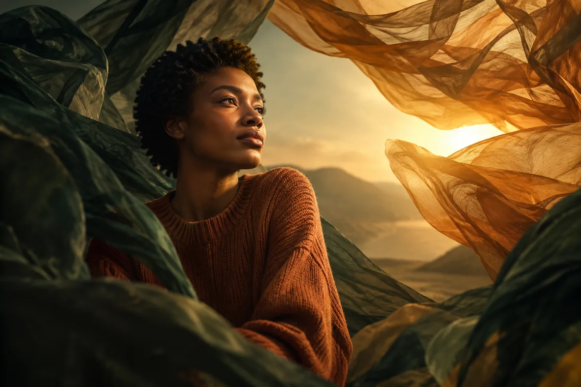 A calm woman surrounded by billowing green and amber fabric, a visual metaphor for a thought emerging from noise