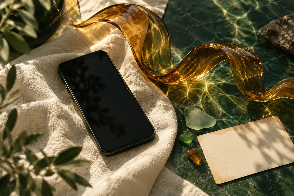 A phone on cream fabric beside a sculptural amber glass ribbon, suggesting a recording ready to travel