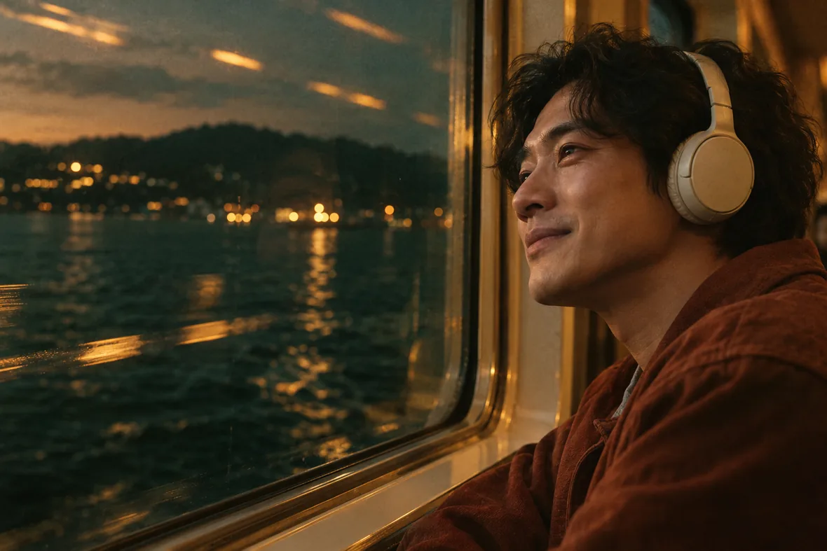 A listener with a tender smile beside a twilight ferry window with warm light reflections