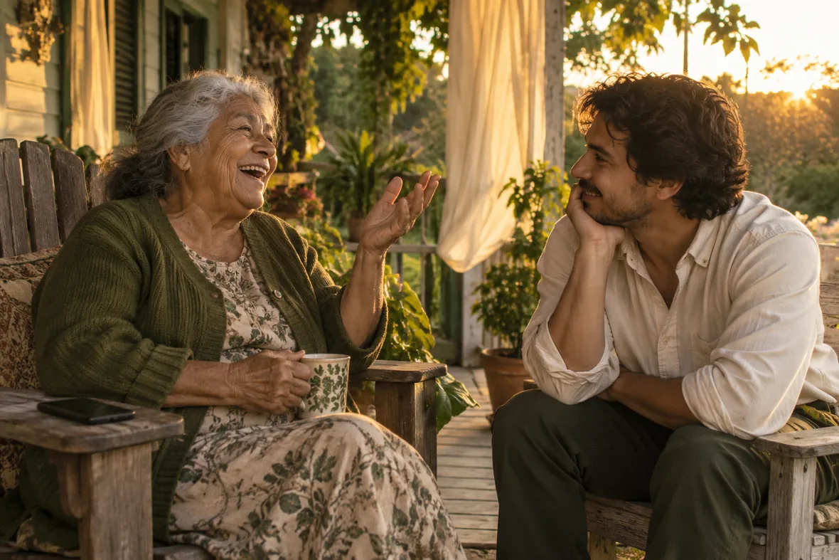 An older woman laughing mid-story with a younger listener on a sunlit porch