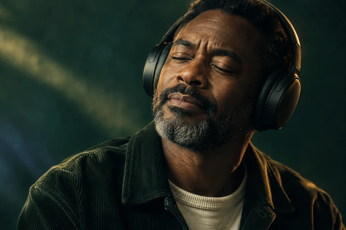 A thoughtful listener with eyes closed, headphones, and warm light against deep blue-green shadows
