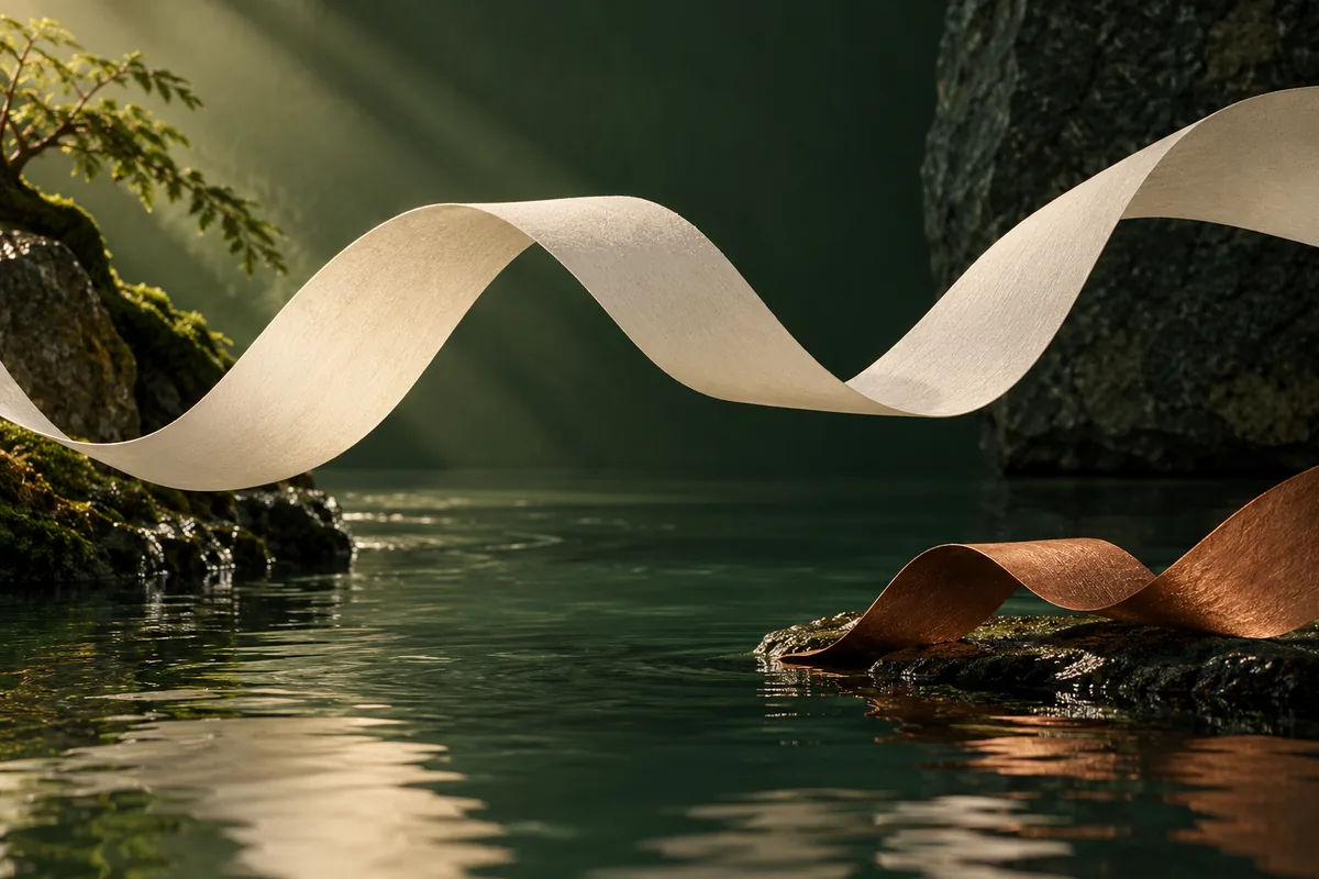 Ivory and copper paper ribbons held apart above a dark green reflective surface
