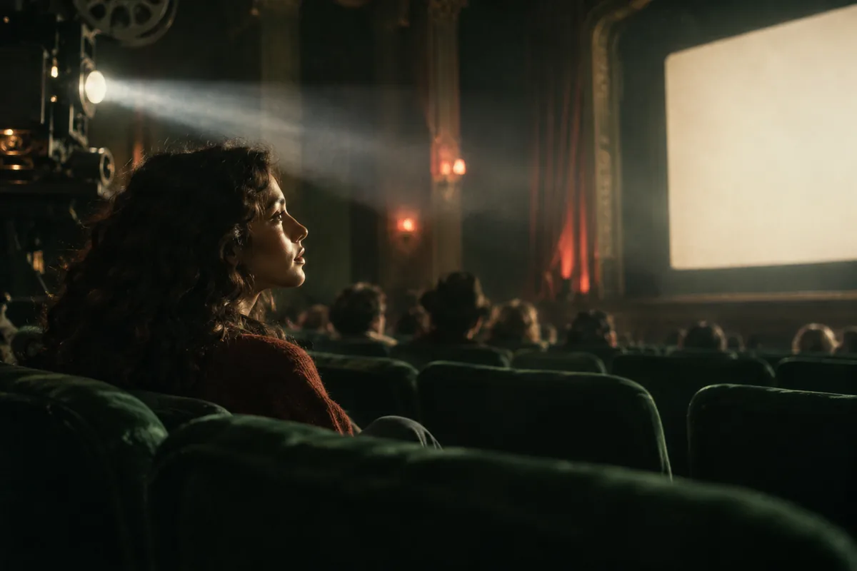 A viewer in a vintage cinema, her face illuminated by a projector beam and a distant bright screen