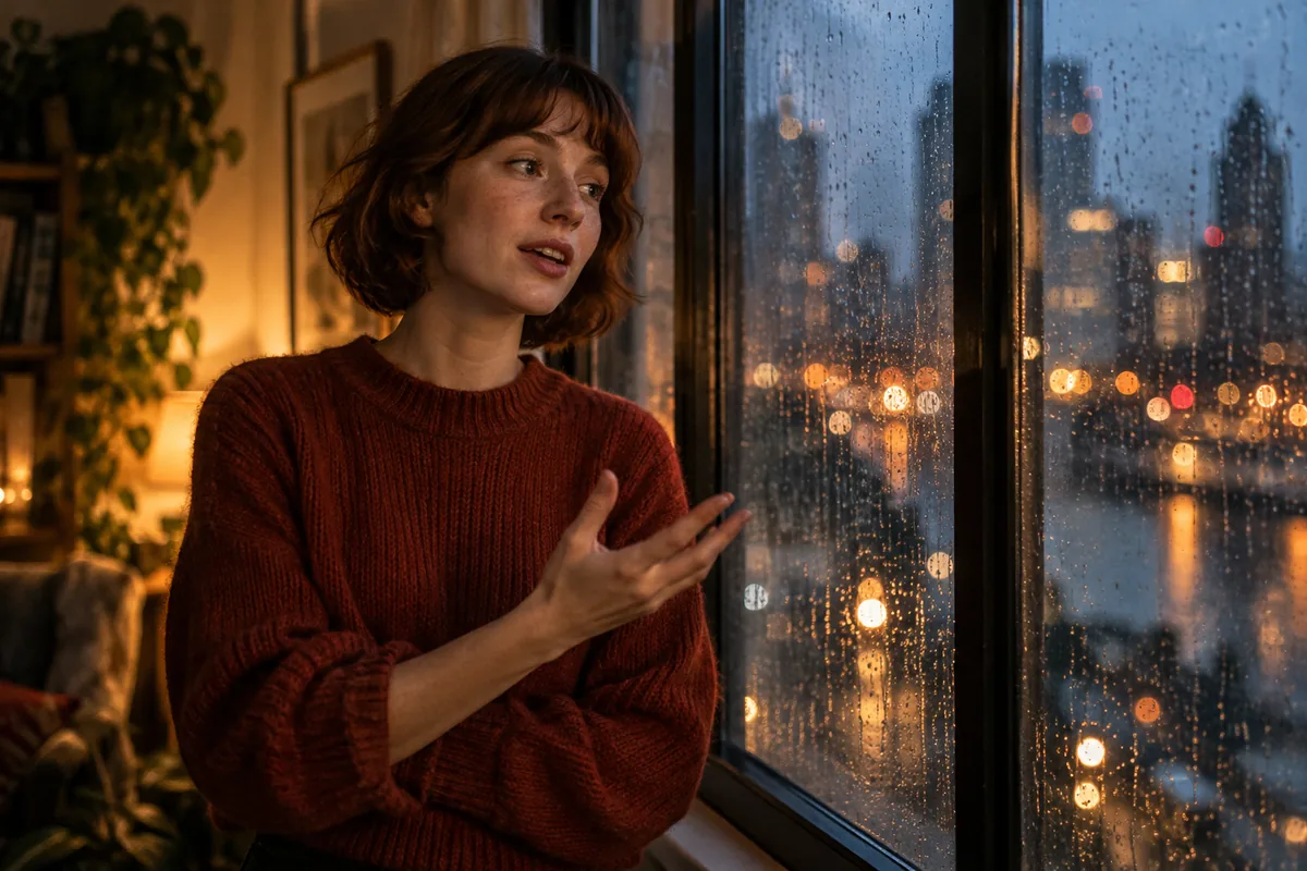 An expressive woman telling a story beside a rain-streaked city window at blue hour