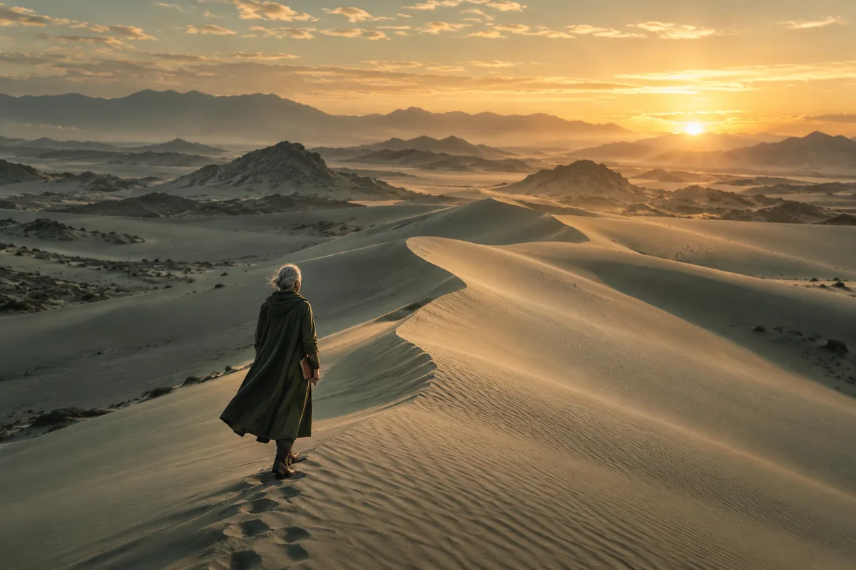A lone storyteller with a notebook walking along pale desert dunes toward the dawn